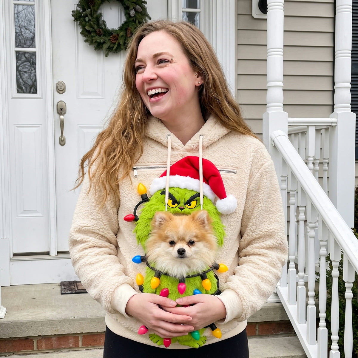 Woman wearing the Grinch Pet Pouch sweater with a small dog sitting in the front pouch